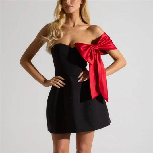 Off-Shoulder Color Block Bow Mini Dress