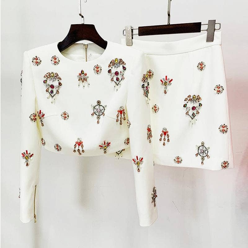 Delaney White Rhinestone Top and Skirt Two Piece Set