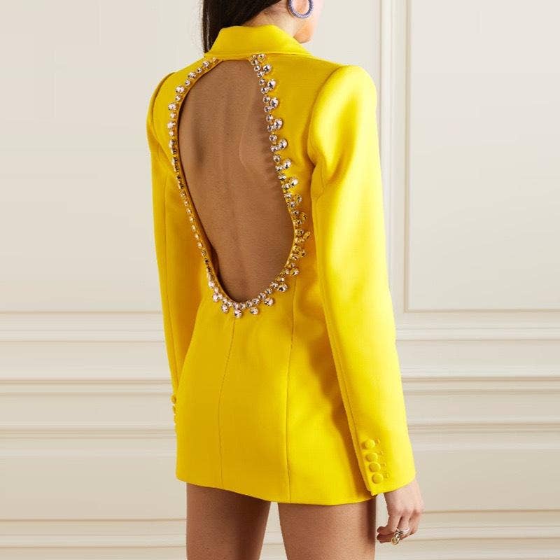 Xiomara Hollow Back Rhinestone Trim Yellow Long Blazer