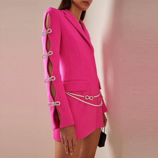 Holly Pink Oversized Blazer with Rhinestone Bowtie and Pearl