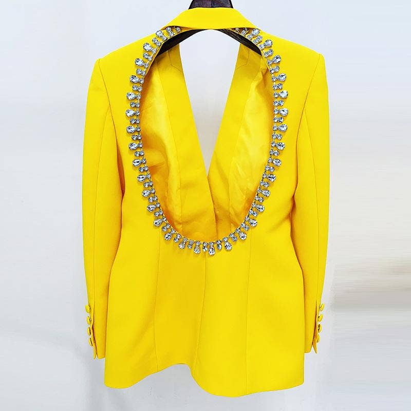Xiomara Hollow Back Rhinestone Trim Yellow Long Blazer
